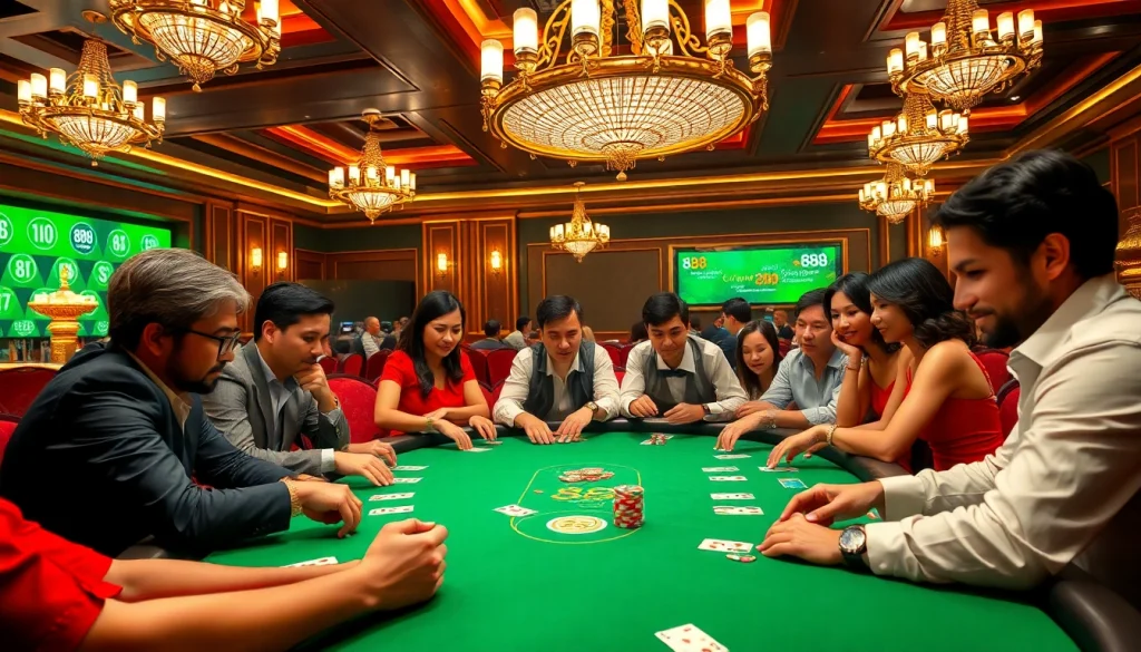 Exciting poker game scene at a casino featuring 88aa vina elements, highlighting strategy and high stakes.