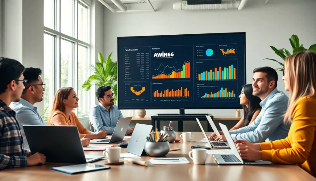 Engaging strategy meeting about awin66 with digital marketing professionals in a modern office.