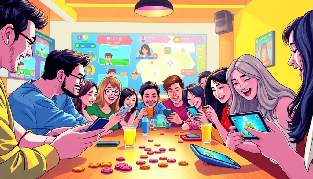 Friends enjoying All Yono Games together, showcasing mobile gaming excitement and vibrant energy.