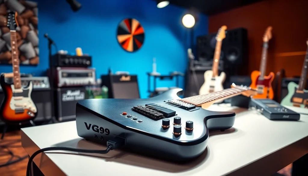 Showcasing VG99, a cutting-edge guitar modeling system in a vibrant studio setup.