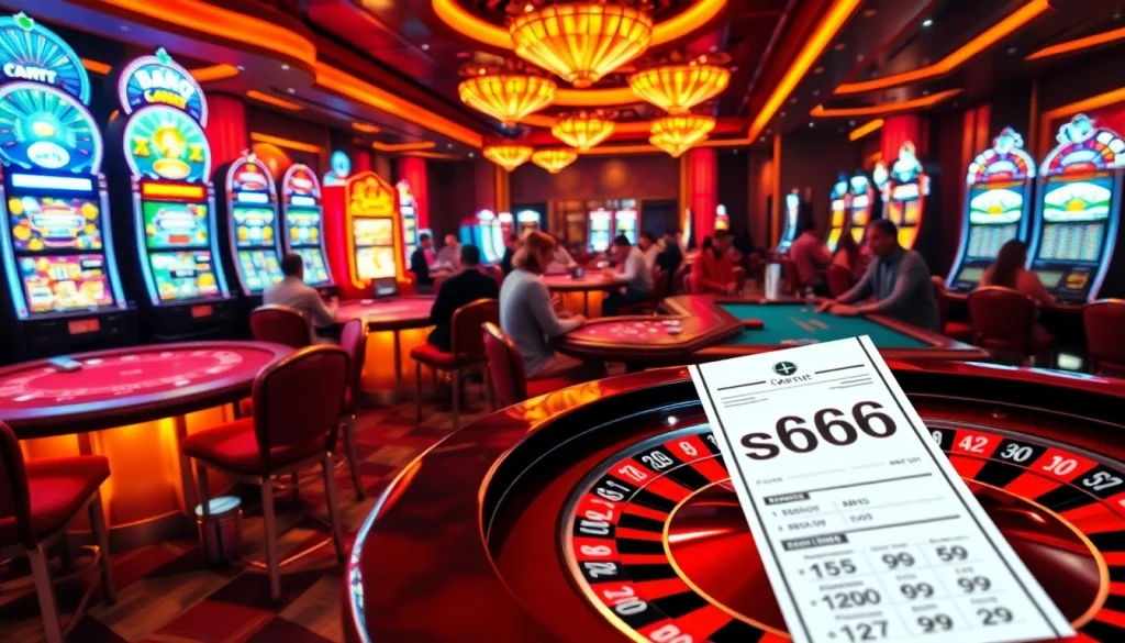 The excitement of the SP666 casino experience with players at tables and vibrant slot machines.