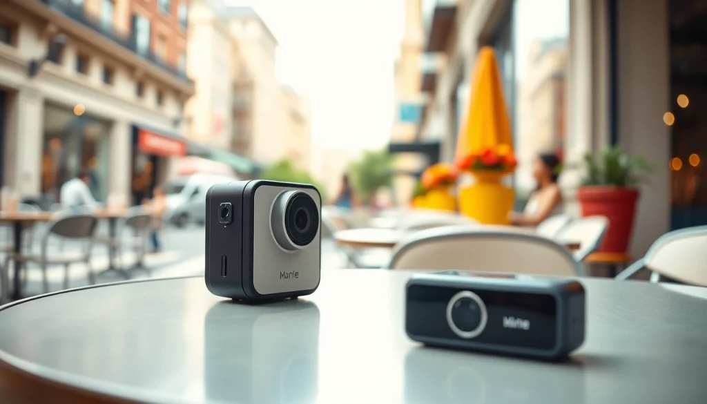 Capture vibrant city life with a mini caméra on a café table, showcasing its versatility and design.