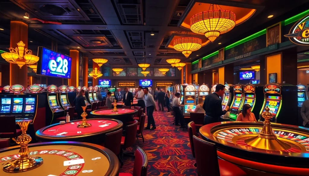 Experience the excitement of the e28 casino night with vibrant poker tables and spinning roulette wheels.