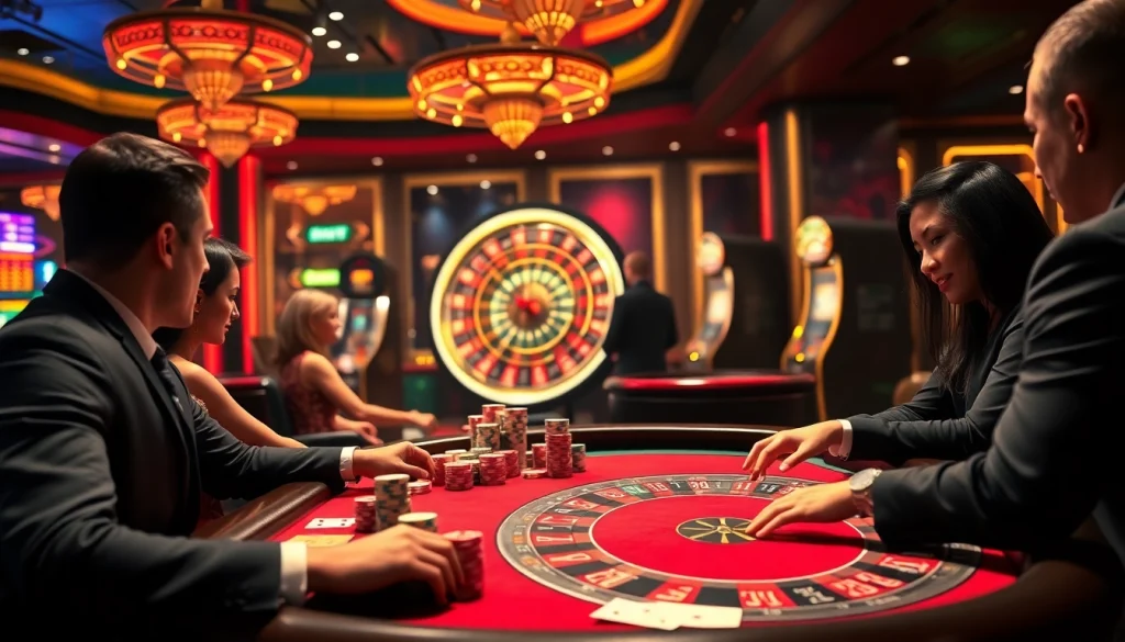 Experience the thrill of SP666 gameplay with players at a poker table amidst a vibrant casino atmosphere, highlighting gaming excitement.