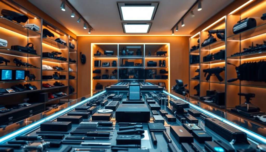 Explore the boutique d'espionnage showcasing advanced spy gadgets in a sleek setting.