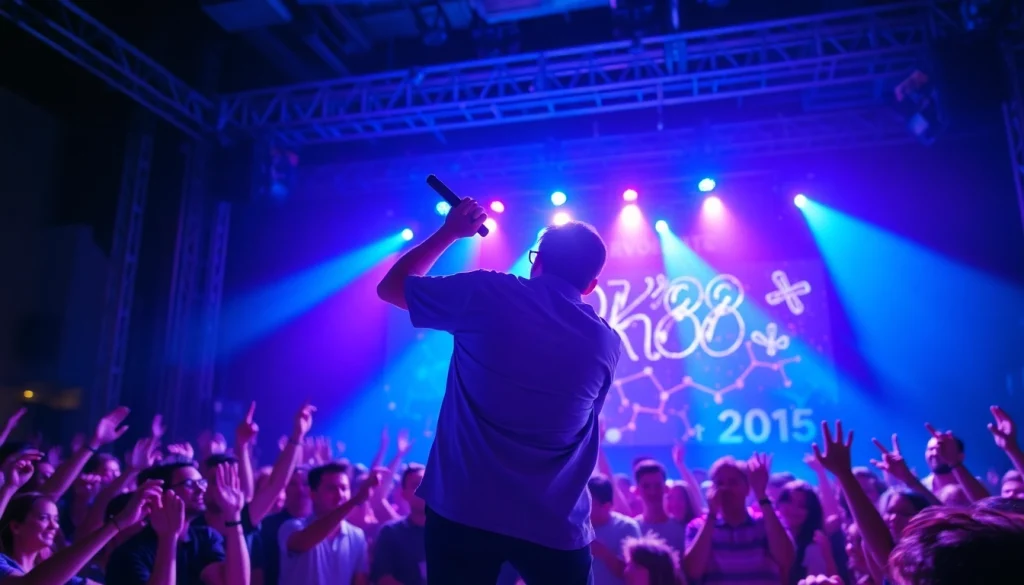 Ok88 captivating the audience with a live performance under vibrant stage lights.