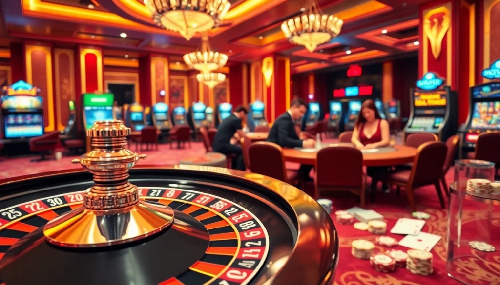 Experience the thrill of Nhà cái BIGBET88 with a roulette wheel and engaged players at a casino.