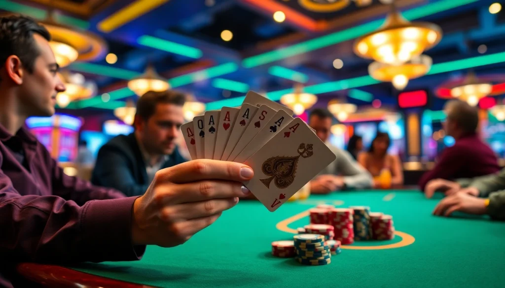 Engaging online poker scene featuring a player with a winning hand and colorful chips.