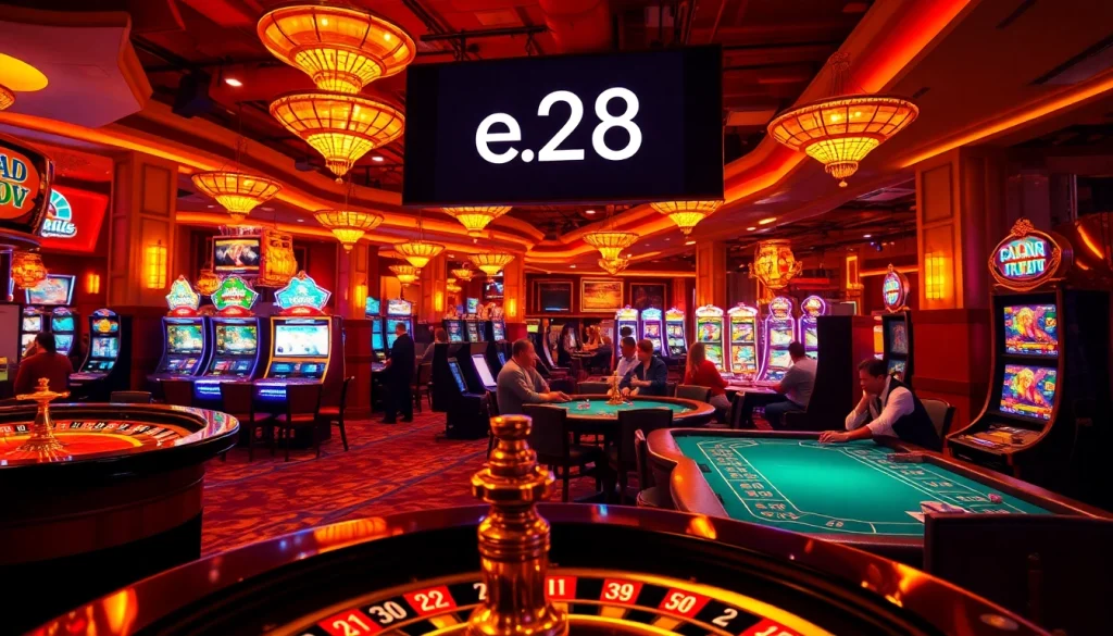 Engage with an exhilarating casino experience featuring e28-themed poker tables and vibrant slot machines.