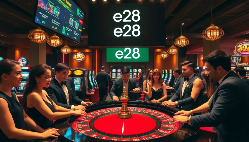 Experience the thrill of e28 at a vibrant casino scene featuring an exciting roulette table and engaged players.