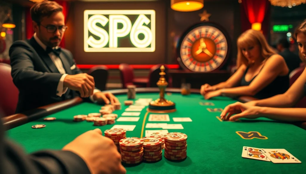 Experience the thrill of SP666 at a high-stakes poker game featuring intense players and sparkling chips.