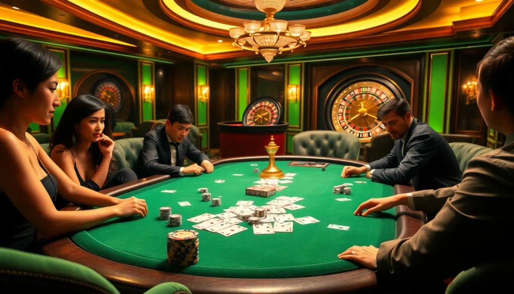Experience the thrilling action at TK88 casino with attentive players, vibrant poker chips, and a spinning roulette wheel.