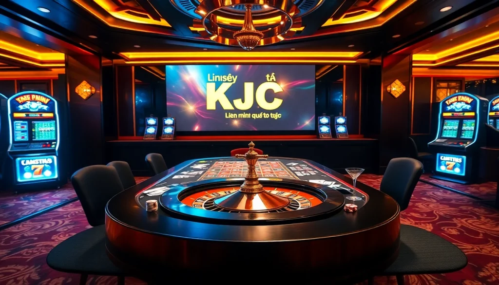 Experience luxury gaming at Liên minh quốc tế KJC with elegant poker tables and vibrant slot machines.