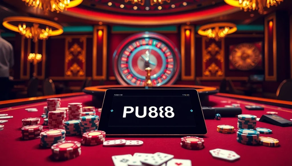 Experience the excitement of the vibrant casino atmosphere at nhà cái PU88, featuring poker chips and roulette.