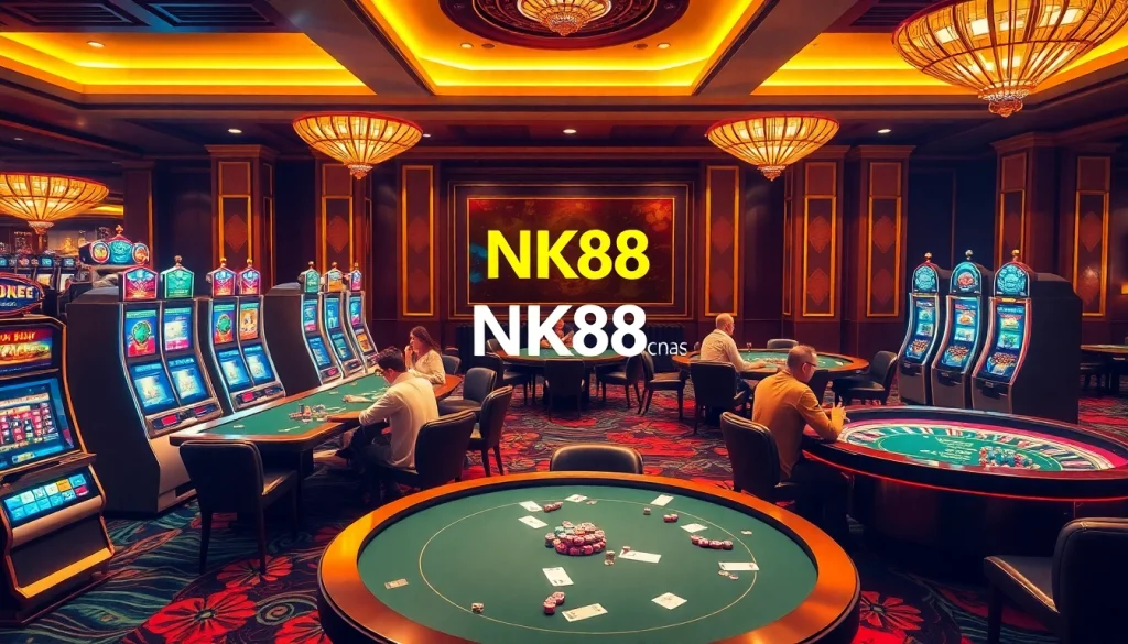 Players enjoying a thrilling game at NK88 casino with vibrant tables and striking decor.