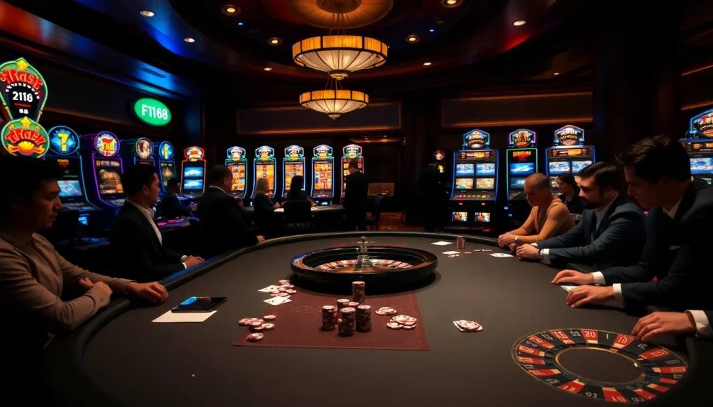 Exciting poker game scene at f168 casino with colorful chips and professional players.