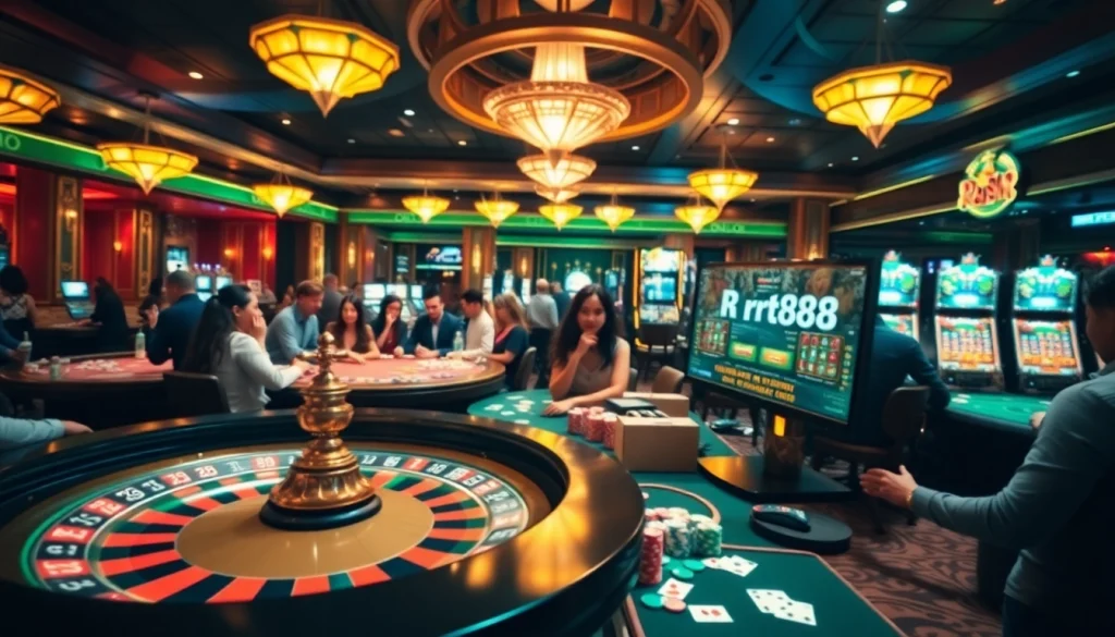 Experience the thrill of rr88 đăng nhập as players engage at casino tables, roulette wheels, and colorful slot machines.