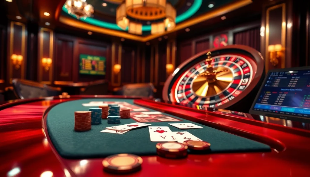 Engage with the thrilling 789bet link mới for online gambling, showcasing a lively casino scene with rich gaming visuals.