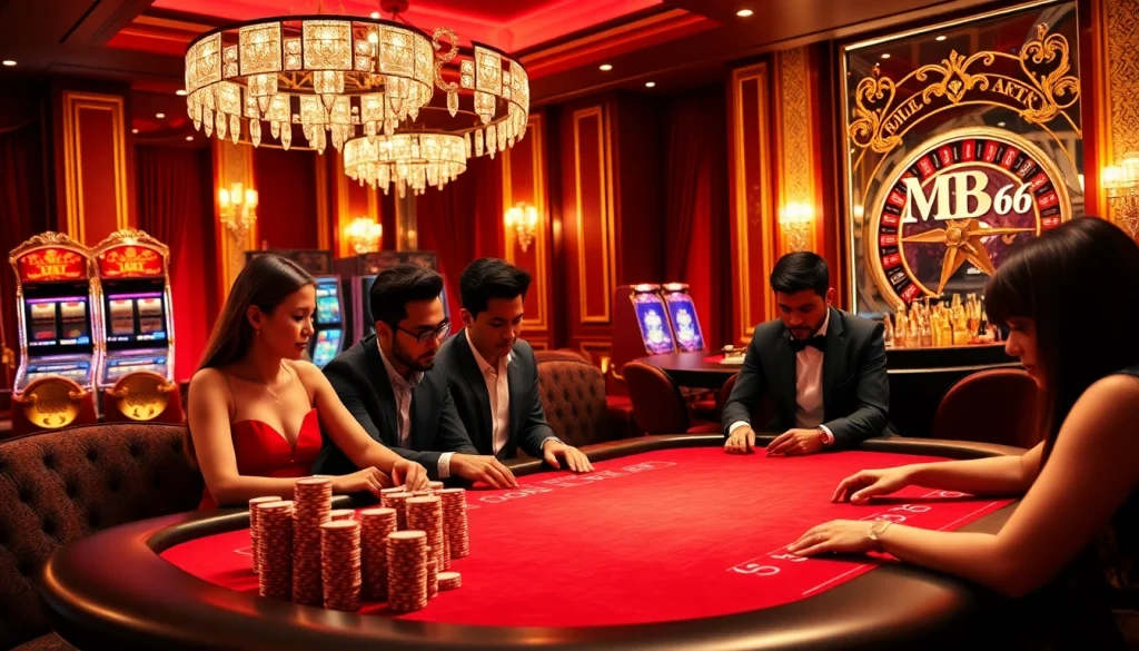 Exciting poker gameplay at MB66 casino with vibrant atmosphere and luxurious decor.