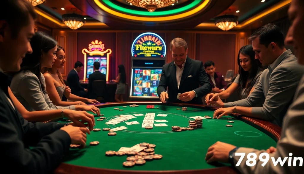 Engaging gaming table experience at 789win featuring enthusiastic players and vibrant slot machines.