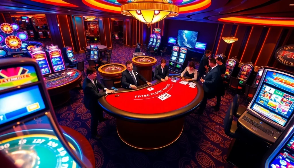 Experience thrilling gaming sessions at F168's luxurious casino with vibrant tables and excitement.