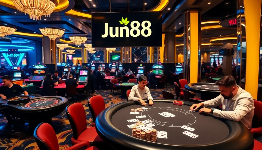 Excited players enjoying a high-stakes poker game at Jun88 casino with vibrant decor.