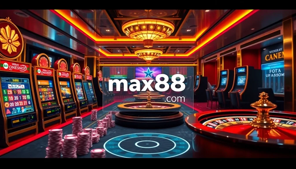 Exciting gaming atmosphere at max88 com online casino with vibrant slot machines and poker chips.