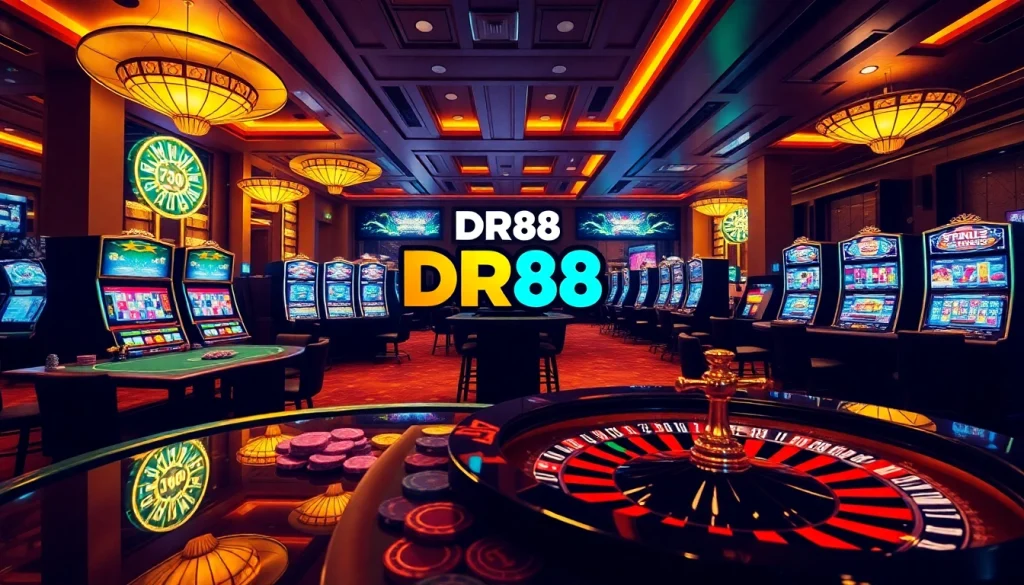 Experience thrilling gaming action at DR88 with vibrant casino tables and engaging slot machines.