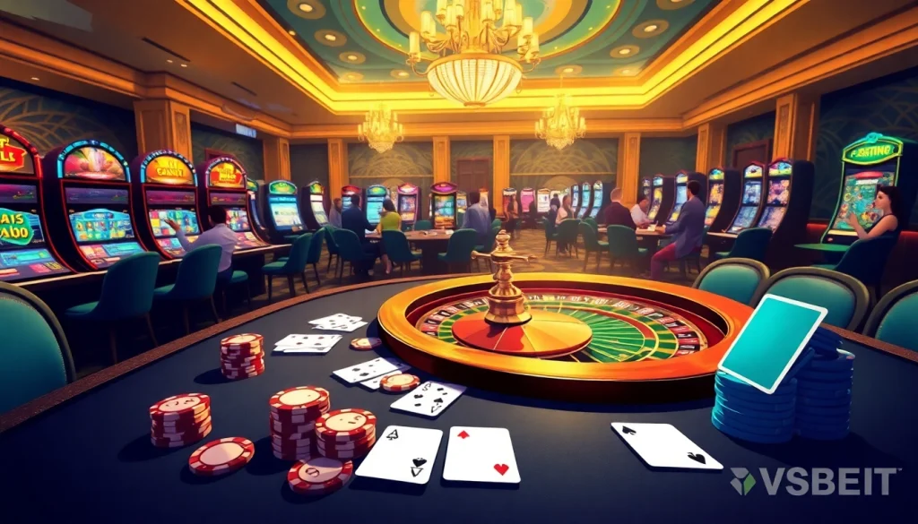 Experience thrill at Nhà cái VSBET with an engaging casino scene featuring poker chips and roulette.