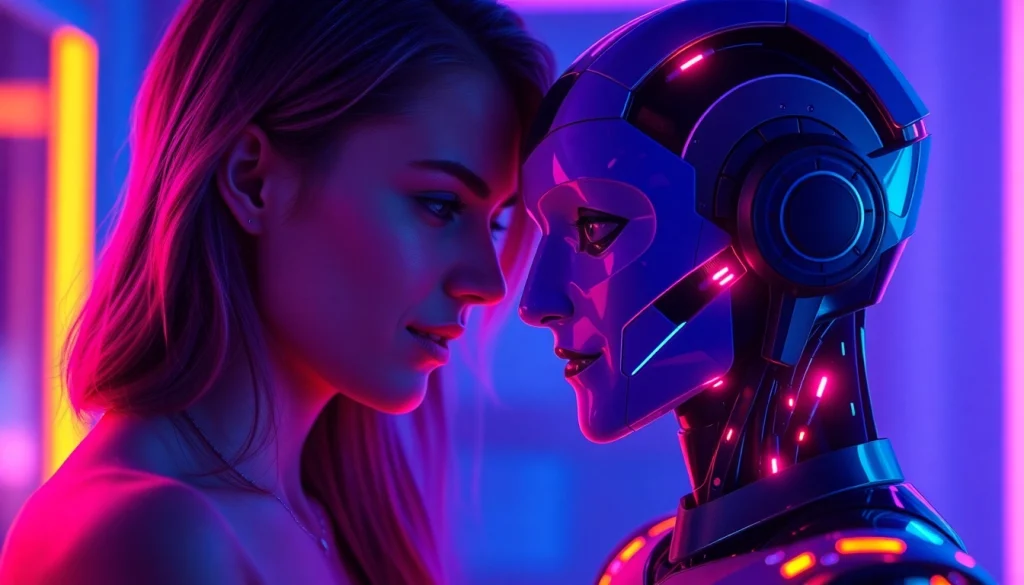 Engaging conversation between human and AI in an ai porn chat setting, featuring futuristic design and vibrant colors.