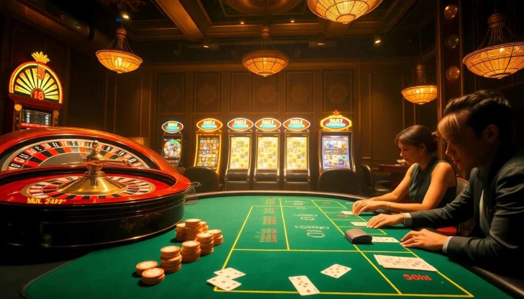 S8 players engaging in high-stakes betting at an elegant casino with vibrant slot machines and a roulette wheel.