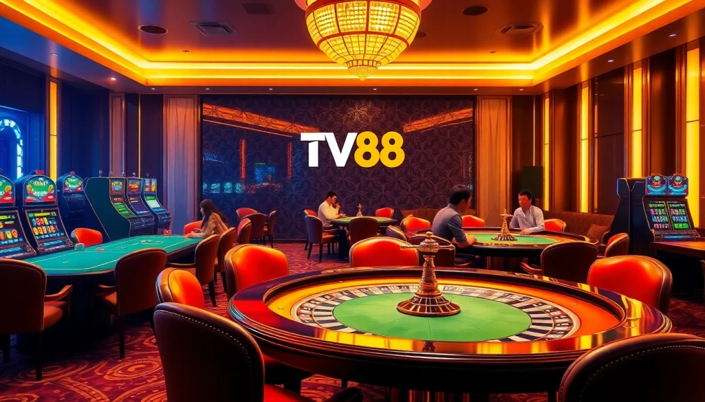 Experience the thrill of betting at TV88, featuring a luxurious casino scene with poker and roulette tables.