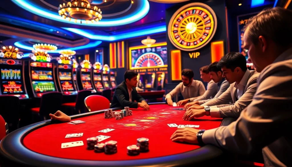 Experience the luxury of uk88 vip with high-stakes poker and vibrant slot machines in an upscale casino ambiance.