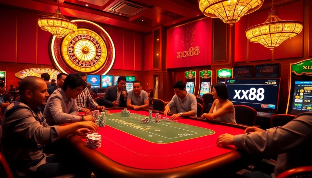 Experience the excitement of xxx88 at a luxurious poker table in a vibrant casino environment.