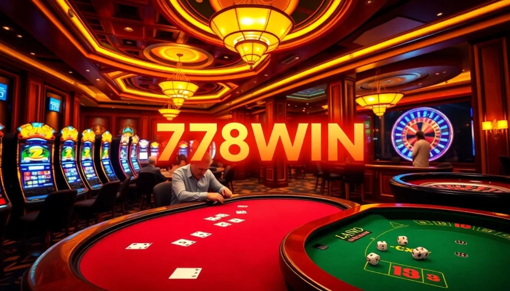 Exciting gaming action at 78WIN casino with players engaged in poker and vibrant slot machines.