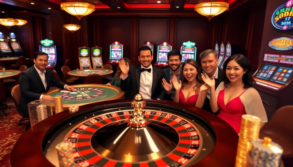 Players celebrating a win at MMOO casino, featuring roulette and vibrant slot machines.