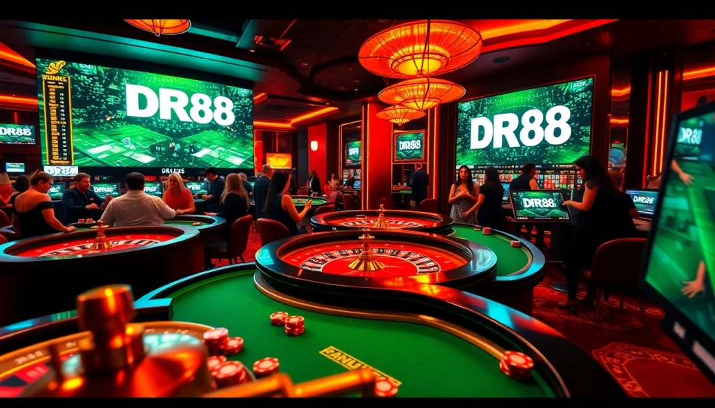 Experience the thrill of DR88 casino with vibrant poker chips and table games.