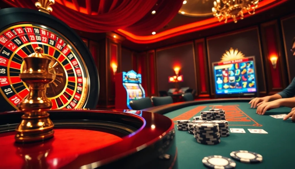 Engaging players at nhà cái F8bet in a luxurious casino setting featuring roulette and poker