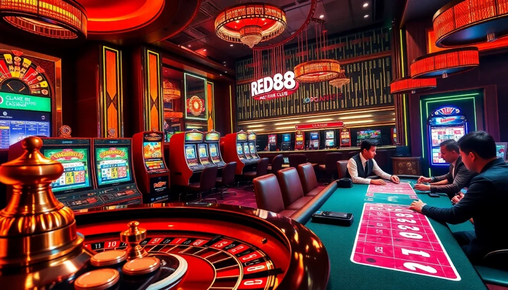 A view of an exciting casino floor at the red88 club with roulette and slot machines, showcasing the thrill of gambling.