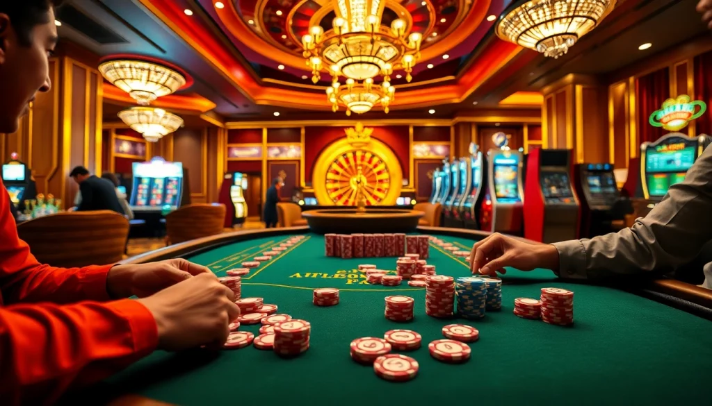 Experience the thrill of gaming at Trang chủ F8bet with a luxurious casino atmosphere featuring poker tables and vibrant slot machines.