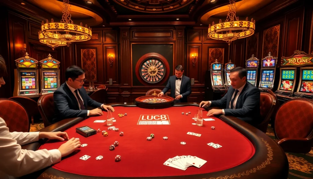 Experience the thrill of gaming at Luck8's luxury casino with poker tables and spinning roulette.