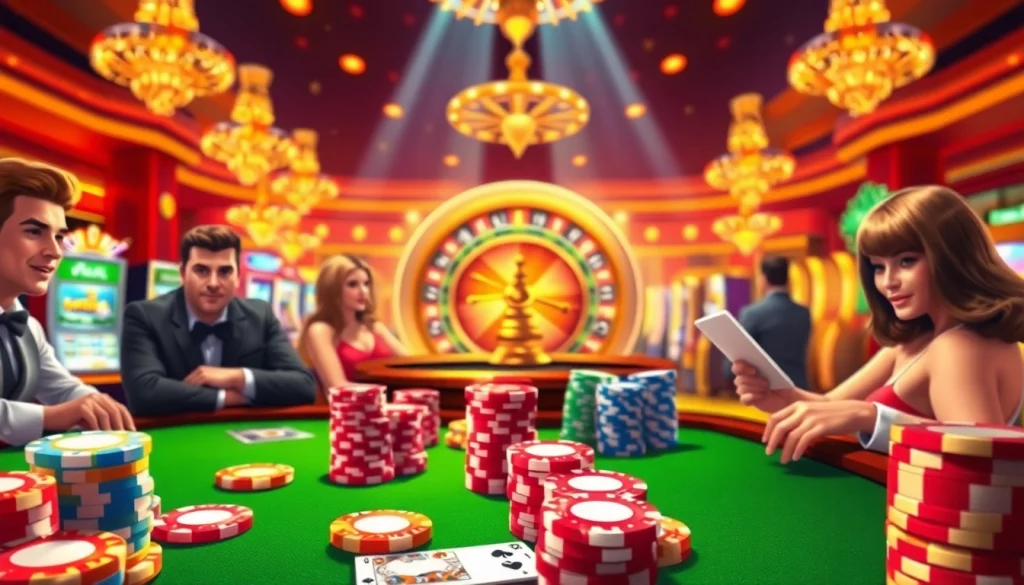 Explore lively gambling at Rikvip with players engaging in blackjack surrounded by towering slot machines.