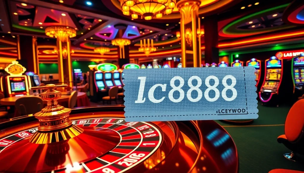 Experience the thrill of gambling with lc888 in a lively casino scene featuring tables, chips, and vibrant slot machines.